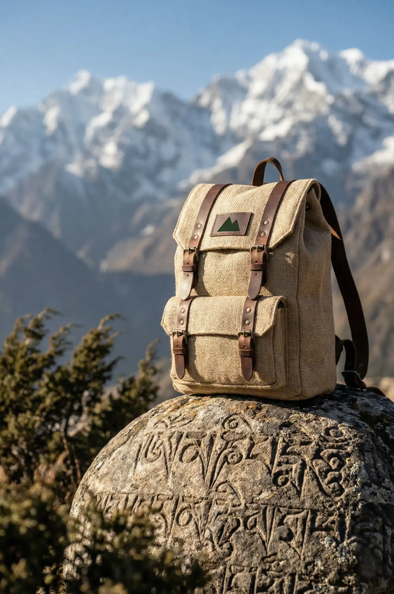 Everest Gear Co. premium hemp backpack with Himalayan mountain backdrop